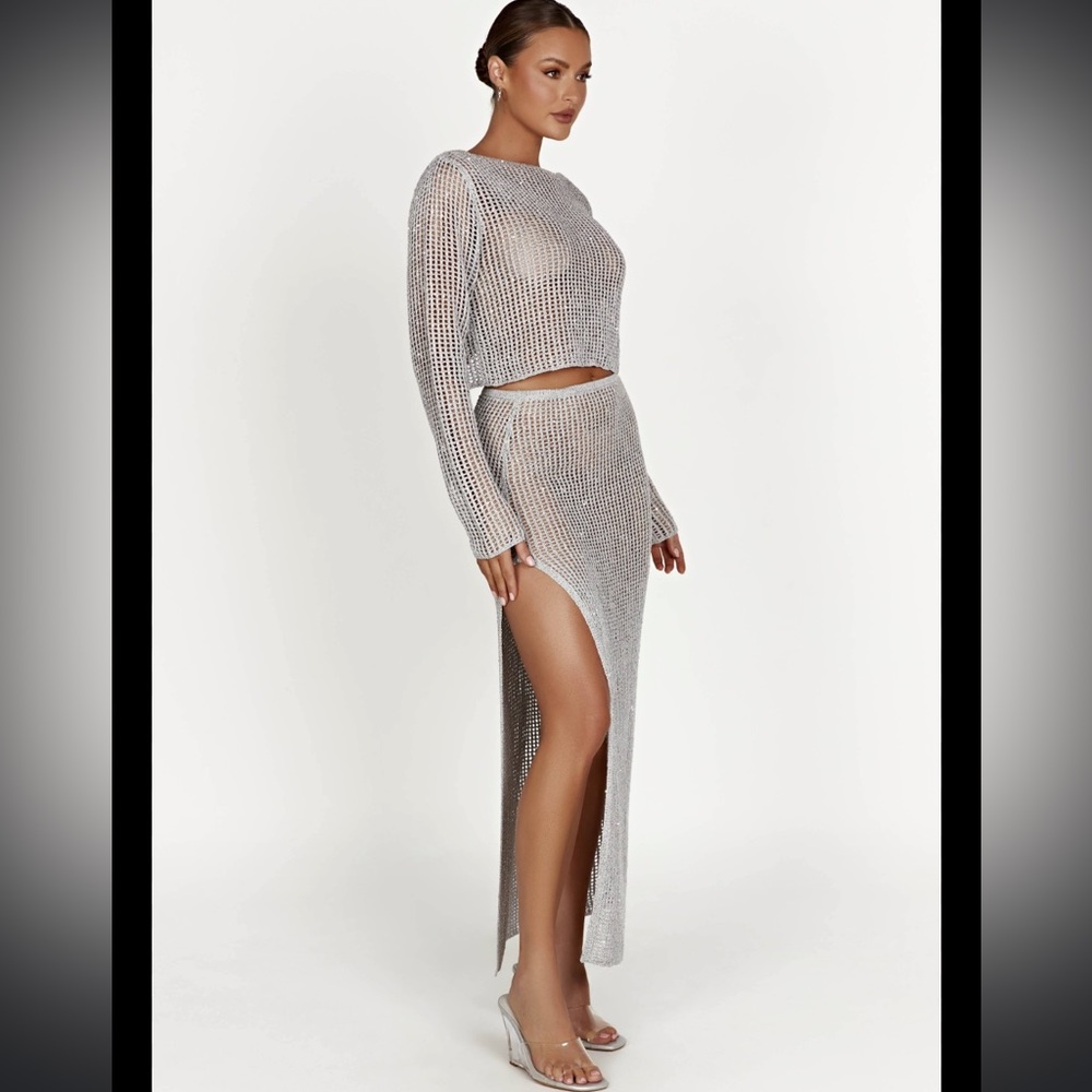 COPY - Meshki NWT Sequin Crochet Twist Top Silver